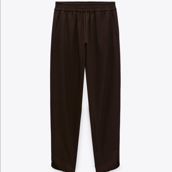 ZARA NWT SOLID BROWN CASUAL PANTS ELASTIC WAIST SIZE X-LARGE - Picture 2 of 6